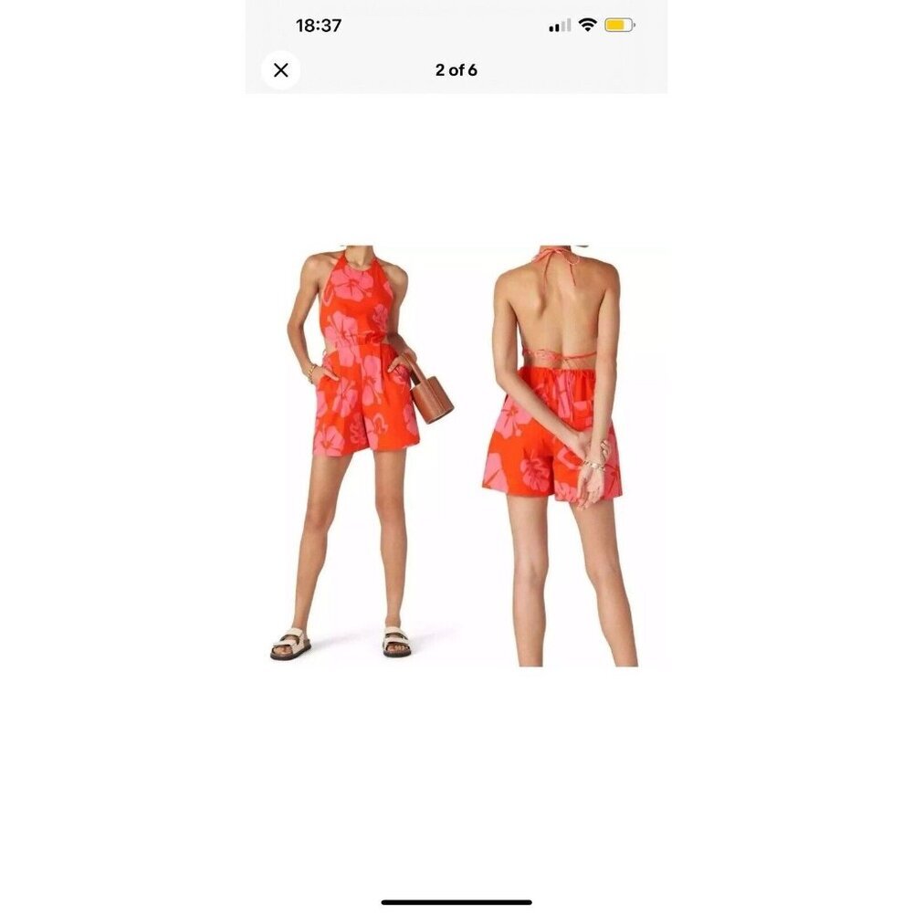 Staud Red Pink Tropical Hawaiian Floral Halter Open Back Romper Womens US 10 (W)